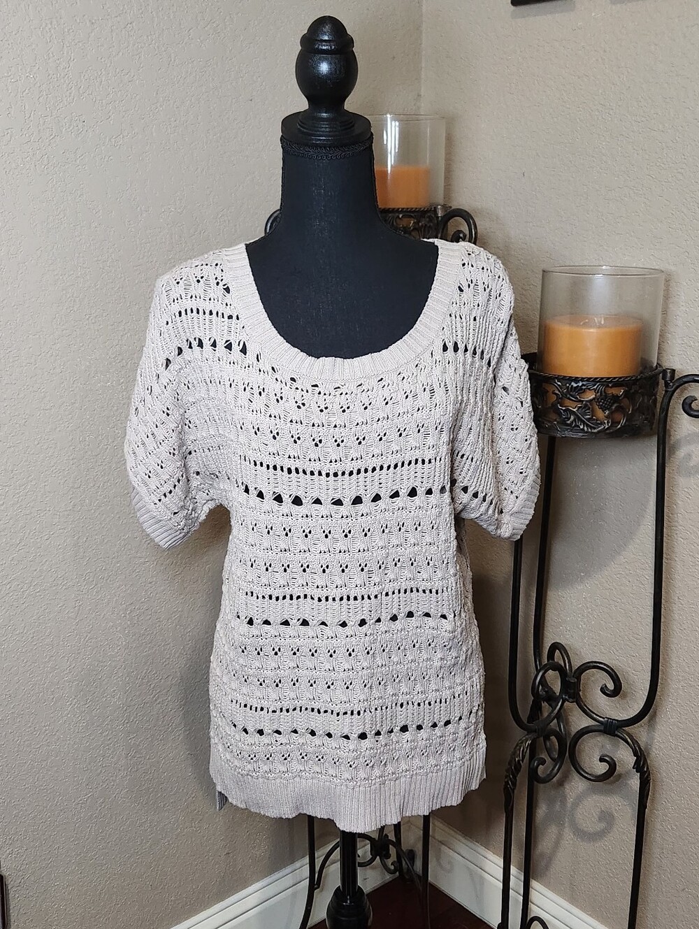 COMO Black Openwork Crochet Short Sleeve Top in Light Taupe Size M